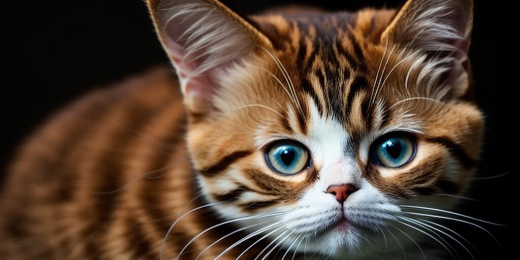 A close-up of a tabby cat with blue eyes looking at the camera.