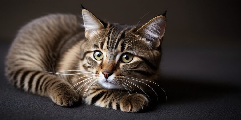 A brown tabby cat is lying down on a gray surface. The cat has green eyes and is looking at the camera.
