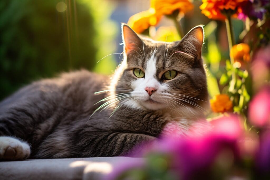 A gray and white cat is lying in a garden bed, surrounded by colorful flowers. The cat is looking off to the side.