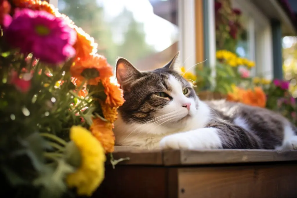 A gray and white cat is lying on a wooden window seat in front of a large window. The cat is looking out the window at the colorful flowers in the garden.