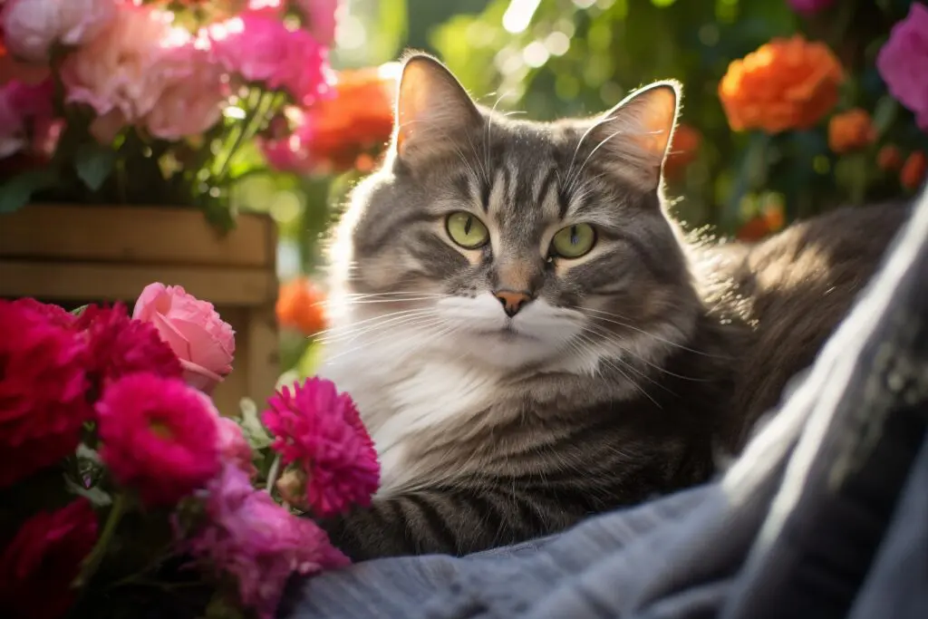 A gray and white cat is lying in front of a wooden box filled with pink and orange flowers. The cat has green eyes and is looking at the camera. The flowers are in full bloom and have a variety of colors, including pink, orange, and yellow. The background of the image is blurred and contains a few green leaves.