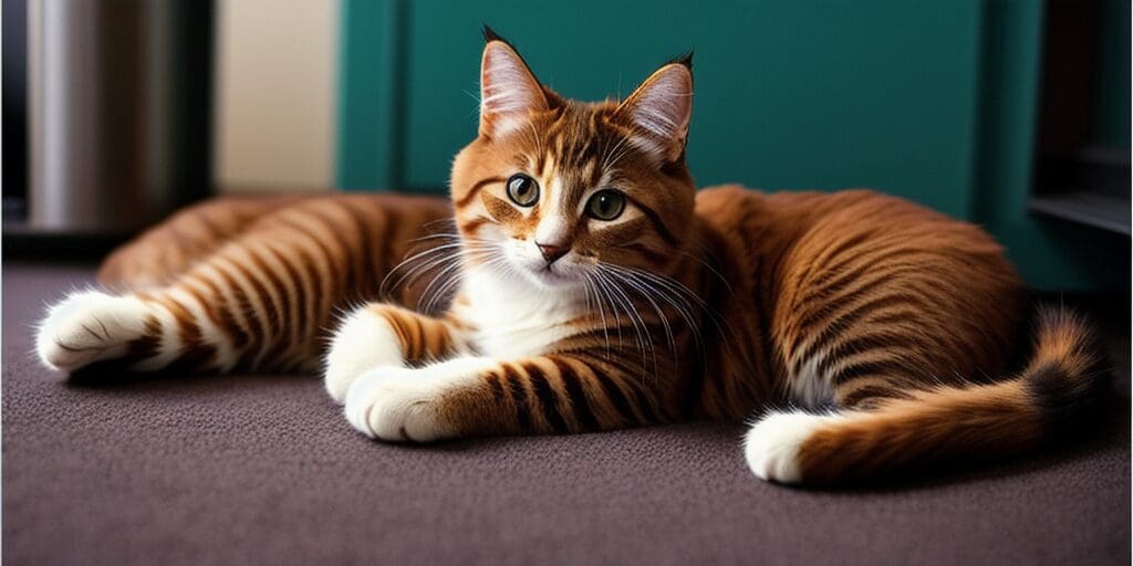 A ginger cat with white paws and a white belly is lying on a brown carpet. The cat has green eyes and is looking at the camera.