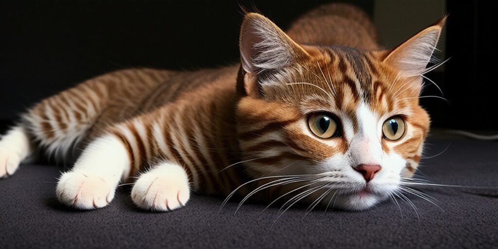 A ginger and white cat is lying on a black surface. The cat has its front paws outstretched and is looking to the right of the frame. The cat's eyes are round and green, and its fur is short and striped.