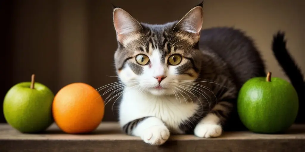 A cat is sitting between a green apple, an orange, and a green apple. The cat is looking at the camera.
