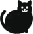 A black cat is sitting with a smile on its face. The cat is in front of a green background.