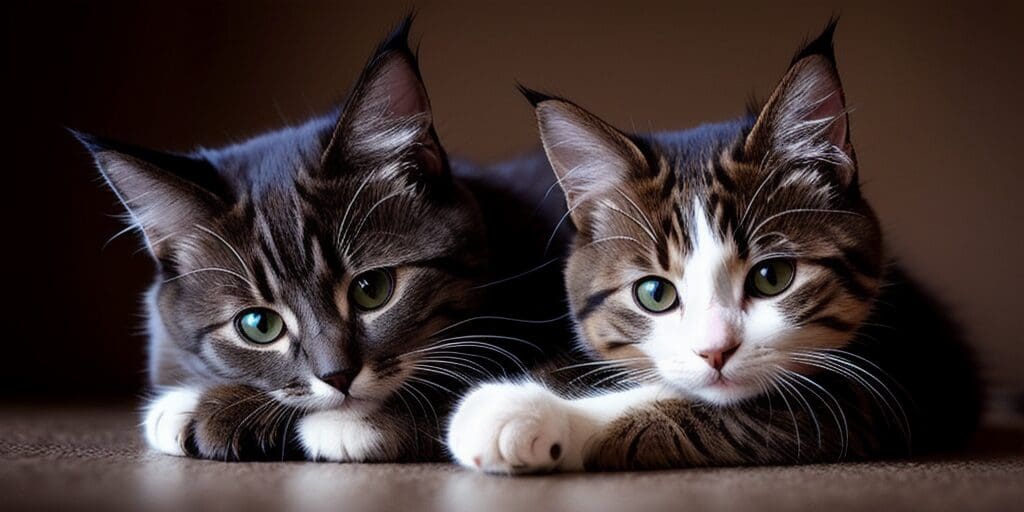 A close-up of two cats resting with their paws in front of them. The cat on the left is gray and white, staring at the camera. The cat on the right is brown, white, and has green eyes, also staring at the camera.