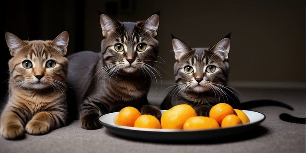 Three cats of different breeds sitting in front of a plate of oranges.
