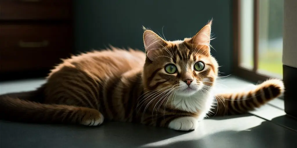 A ginger cat is lying on the floor in front of a door. The cat has green eyes and a white belly. The floor is gray and the door is white. The cat is looking at the camera.