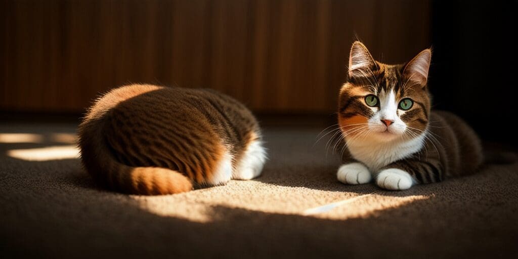 A ginger and white cat is lying on a brown carpet in a sunny room. The cat is looking at the camera with its green eyes.