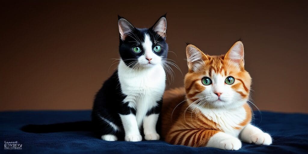 A black and white cat and an orange and white cat are sitting next to each other on a blue blanket. The cats are both looking at the camera with their green eyes.
