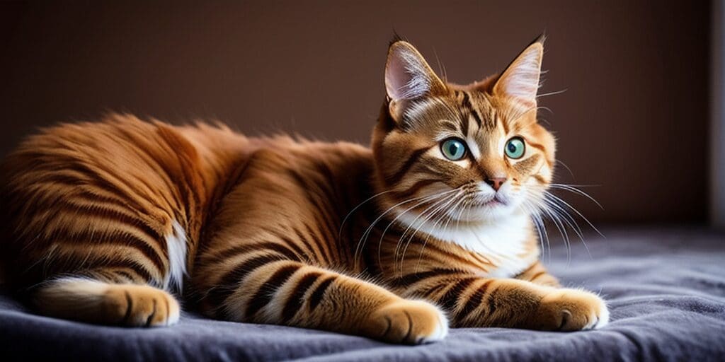 A ginger cat with green eyes is lying on a gray blanket. The cat has a white belly and paws with dark tabby stripes.