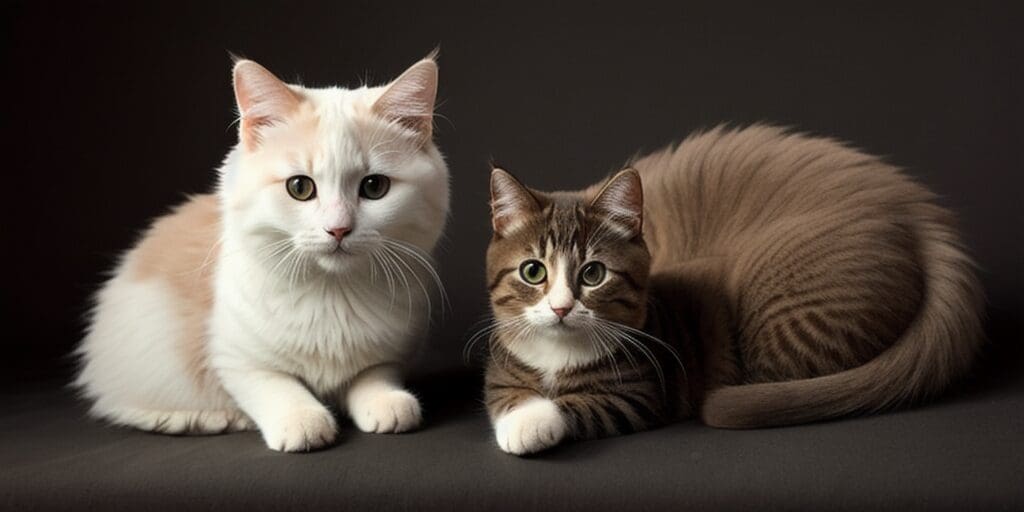 A fluffy white cat and a brown tabby cat are sitting next to each other on a dark brown surface. The white cat has green eyes and the tabby cat has brown eyes.