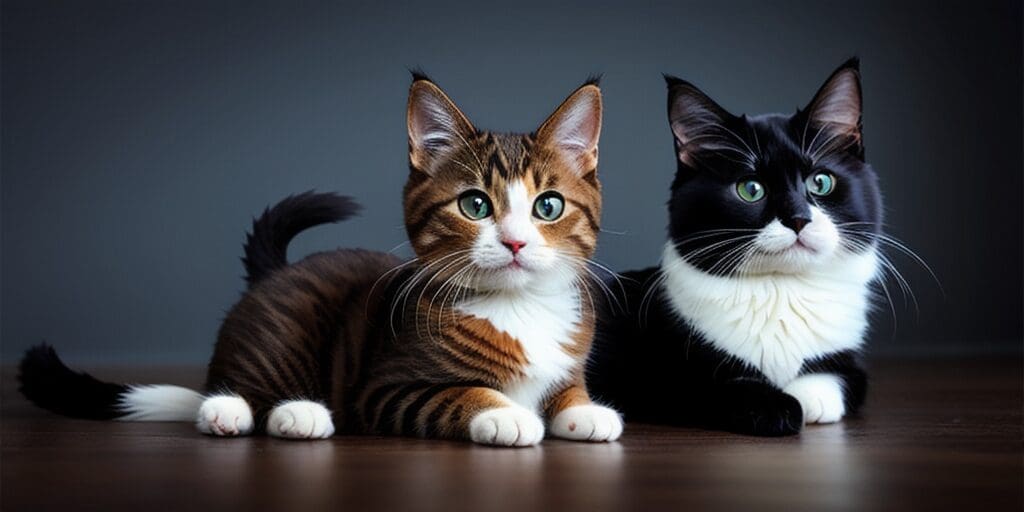 A tabby cat and a tuxedo cat are sitting next to each other on a wooden table. The tabby cat has green eyes and the tuxedo cat has blue eyes.