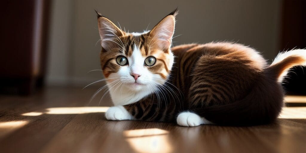 A cute tabby cat with white paws and a white belly is sitting on the floor and looking at the camera. The cat has brown and white fur, green eyes, and a pink nose. The floor is made of wood, the background is blurred, and the cat is in the foreground.