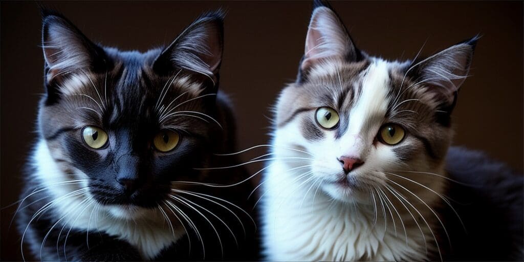 A close-up of two cats looking at the camera. The cat on the left is black and white, and the cat on the right is white and gray.