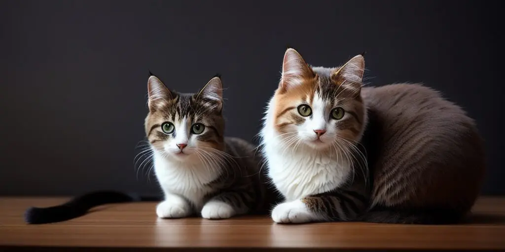 Two cats are sitting on a wooden table. The cat on the left is gray and white, and the cat on the right is brown, white, and orange.