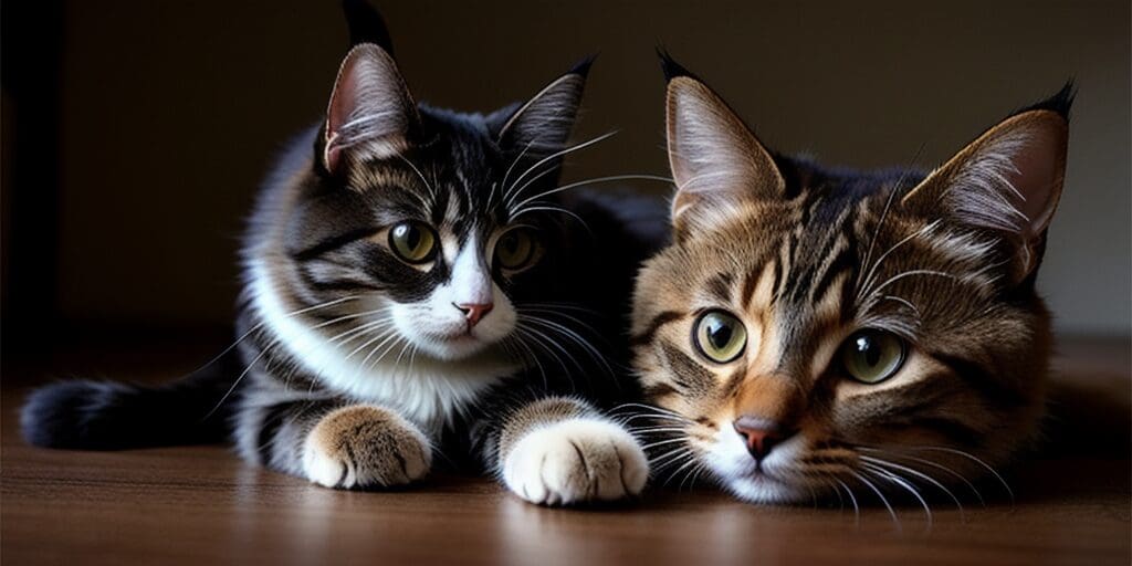 A close-up of two cats resting with their paws in front of them.