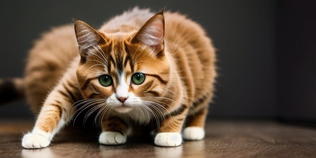 A ginger cat with white paws and green eyes is crouched on a wooden floor, looking at the camera. The cat's fur is fluffy and its tail is long and bushy.