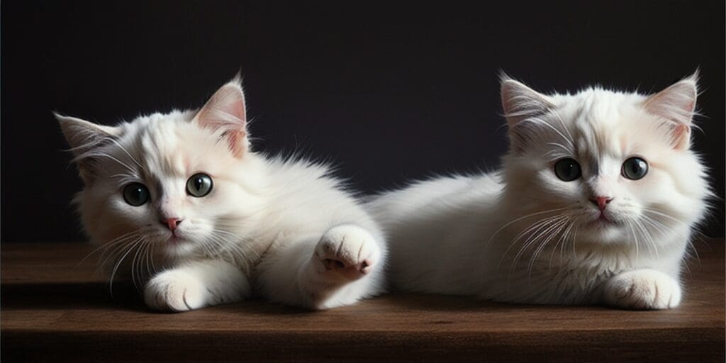 Two cute white kittens with green eyes are lying on a wooden table. The kittens are looking at the camera.