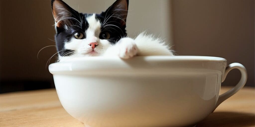 A black and white cat sits in a white ceramic bowl, looking out at the viewer with one paw resting on the rim.
