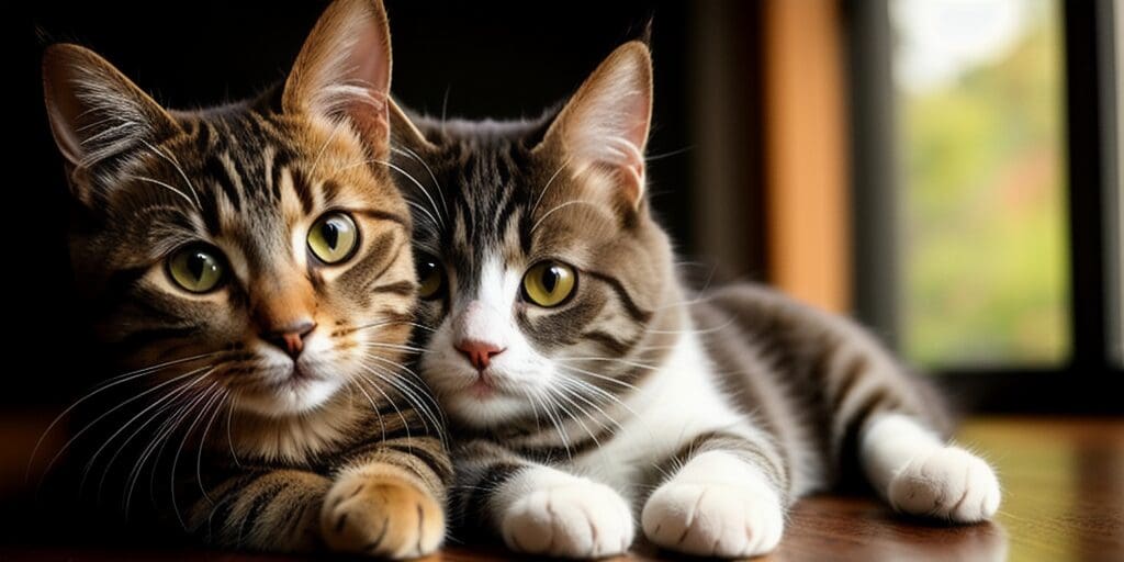 Two cats are sitting on a table, looking at the camera. The cat on the left is brown tabby, and the cat on the right is grey and white.
