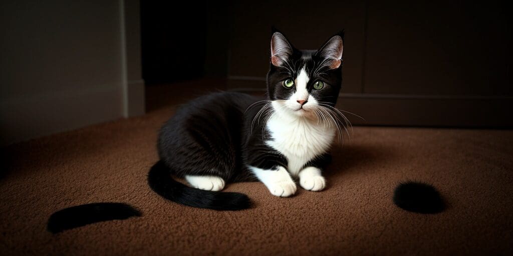 A black and white cat with green eyes is sitting on a brown carpet. The cat is looking at the camera. There are two black tail tips in front of the cat.