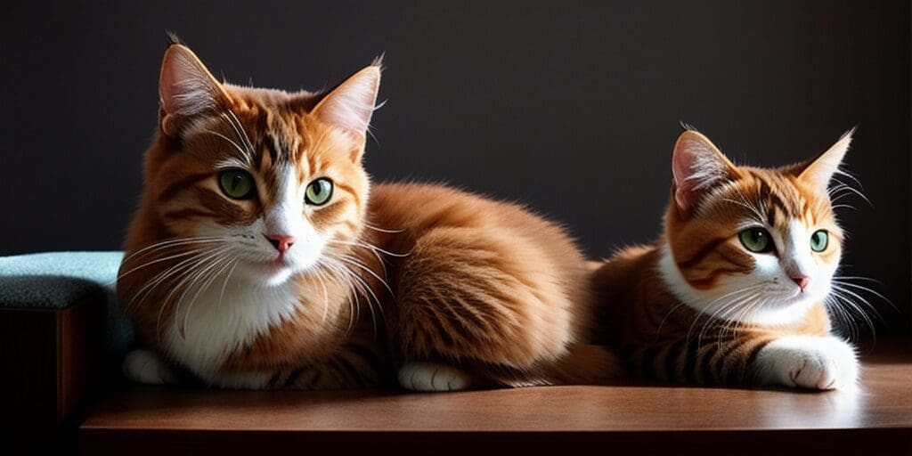 Two ginger cats are sitting on a wooden table. The cat on the left is looking at the camera, while the cat on the right is looking away.