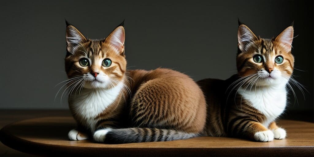 Two cute tabby cats with green eyes are sitting on a wooden table. The cats are looking at the camera.