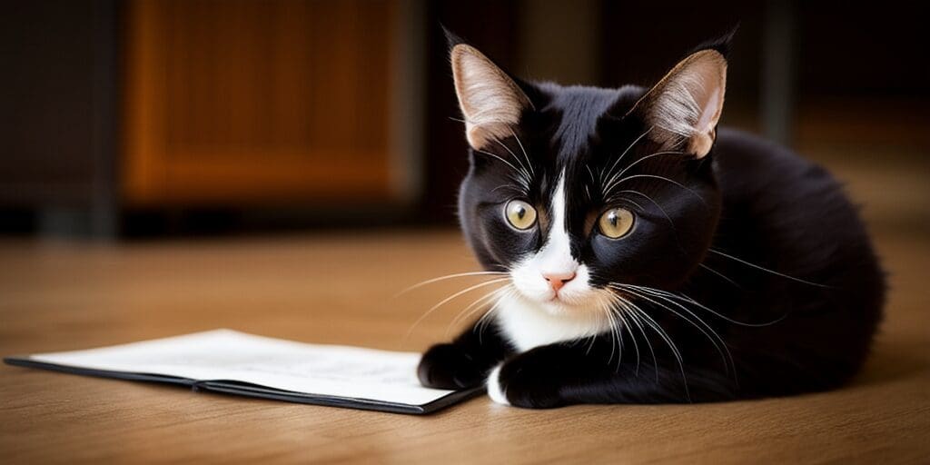 A black and white cat is sitting on a wooden table next to an open book. The cat is looking at the camera with wide eyes.