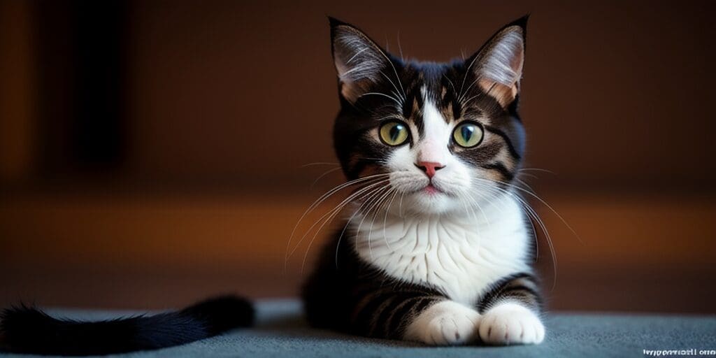 A cute cat with big green eyes is sitting on a gray carpet and looking at the camera. The cat has black and white fur, a pink nose, and long whiskers.