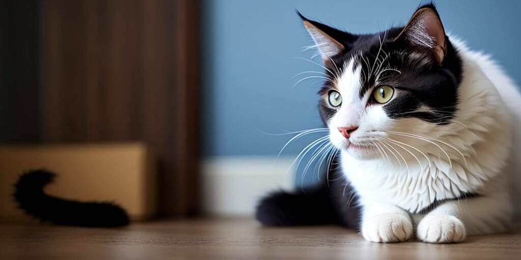 A black and white cat is sitting on the floor in front of a blue wall. The cat has green eyes and is looking to the side.