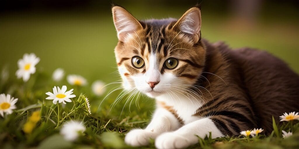A cat is lying in a green field of grass. The cat is brown and white with green eyes. It is looking at the camera. There are white daisies in the foreground.