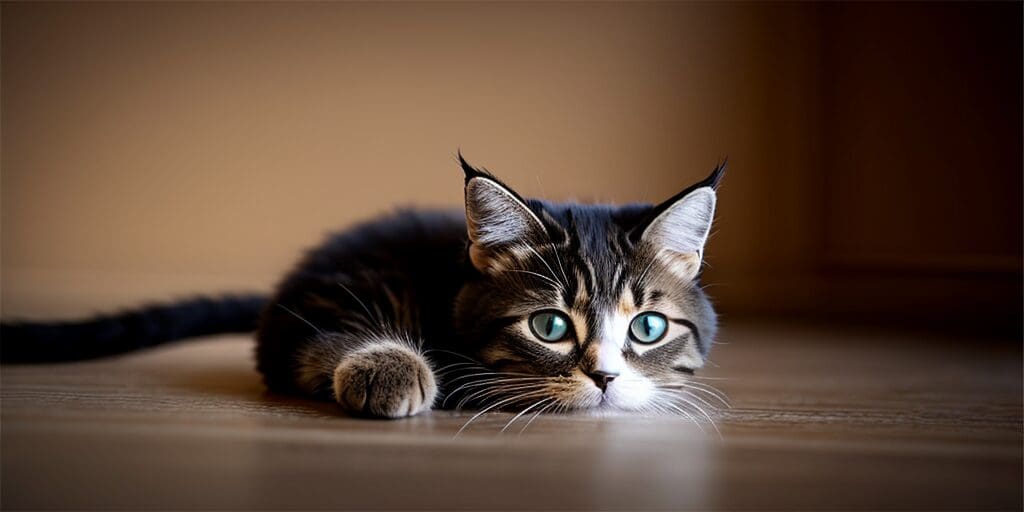 A close-up image of a cute tabby cat with blue eyes staring at the camera. The cat has a white belly and paws, and is lying on a wooden floor.