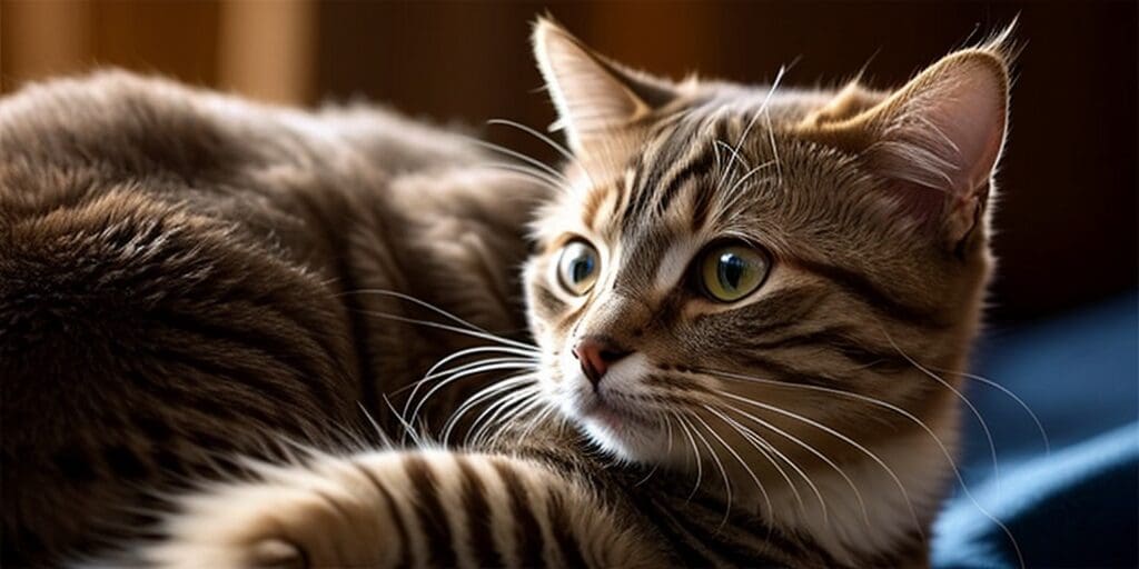 A close-up of a brown tabby cat looking off to the side.