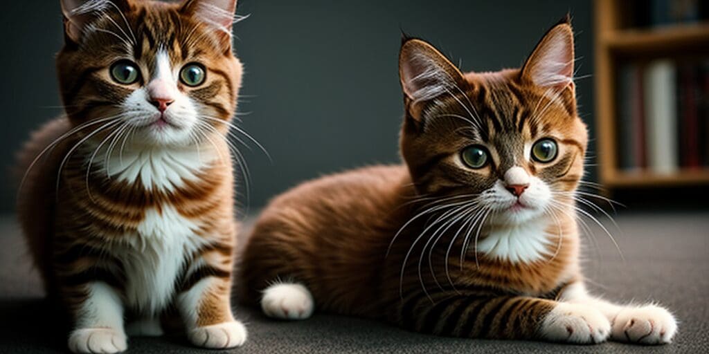 Two cute tabby kittens sitting on a gray carpet looking at the camera.