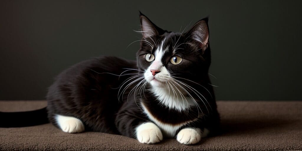 A black and white cat is sitting on a brown carpet. The cat has its front paws resting in front of him and is looking off to the side. The cat has a white belly and white paws.