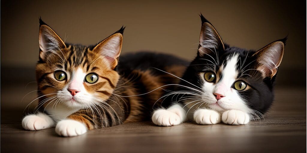 Two cute cats are lying on the floor and looking at the camera. The cat on the left is brown and white, and the cat on the right is black and white.