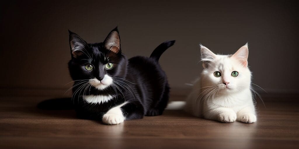 A black cat and a white cat are lying on a wooden floor. The black cat is on the left and the white cat is on the right. The cats are both looking at the camera.