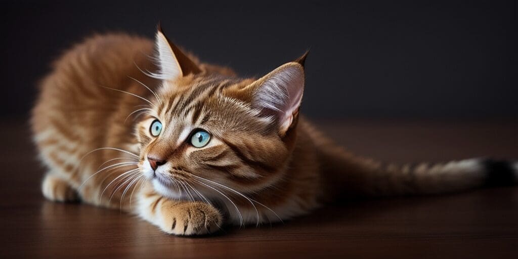 A ginger cat with green eyes is lying on a wooden table, looking to the right. The cat is in focus and the background is blurred.