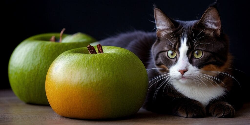 A cat sits next to a large green apple. The cat is black, white, and brown with green eyes. The apple is round and has a brown stem. The apple is sitting on a wooden table.