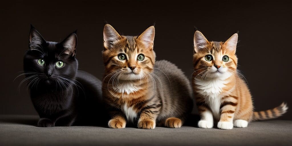 A black cat, a tabby cat, and a ginger cat are sitting in a row on a brown surface against a dark background.