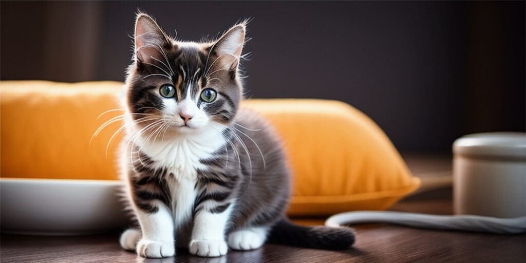 A small, fluffy kitten with wide green eyes is sitting on a wooden table next to a white bowl and an orange pillow.