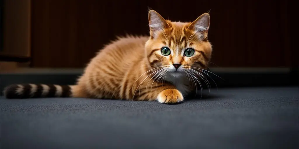 A ginger cat with green eyes is lying on a gray carpet. The cat is looking at the camera.