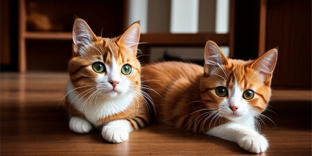 Two ginger and white cats are lying on a wooden floor looking at the camera.
