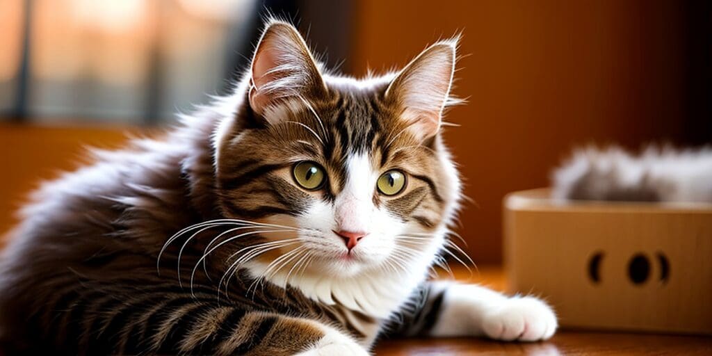 A close up of a fluffy tabby cat with big green eyes, looking off to the side.