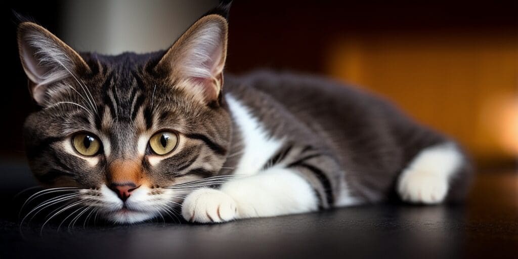 A close-up of a tabby cat looking at the camera with its paw resting on the floor.