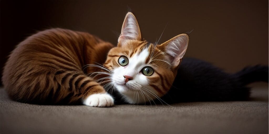 A ginger and white cat is lying on a brown blanket. The cat has its paw tucked under its chin and is looking at the camera with wide green eyes.