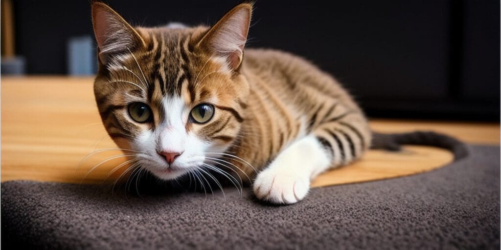 A ginger and white cat is lying on a brown carpet, looking at the camera with wide green eyes.