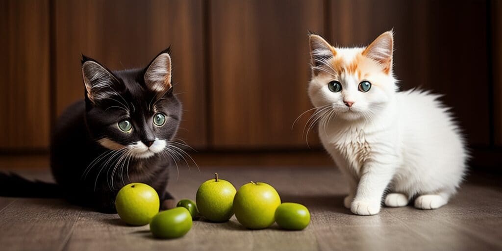 Two adorable kittens, one black and one white, sit side by side on a wooden floor. The kittens are looking at a pile of green apples in front of them.