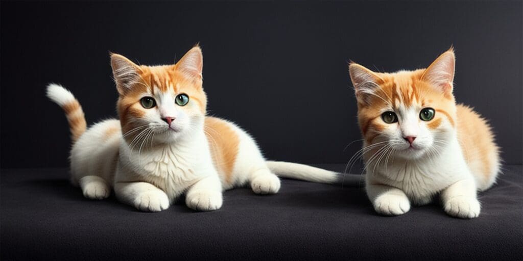 Two ginger and white kittens sitting side by side on a black surface against a black background.